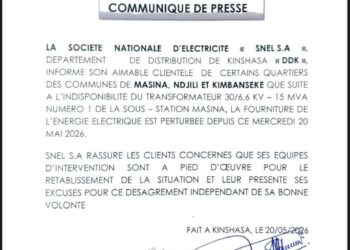 Kinshasa : la SNEL annonce des perturbations électriques à Masina, N’djili et Kimbanseke