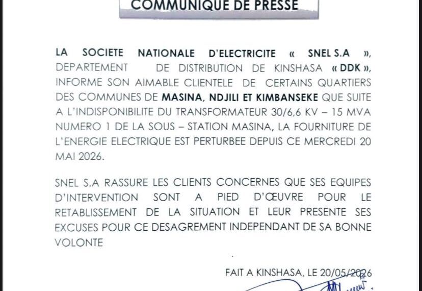 Kinshasa : la SNEL annonce des perturbations électriques à Masina, N’djili et Kimbanseke
