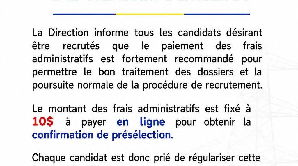 Recrutement à la SNEL : l’entreprise met en garde contre de faux frais administratifs de 10 dollars