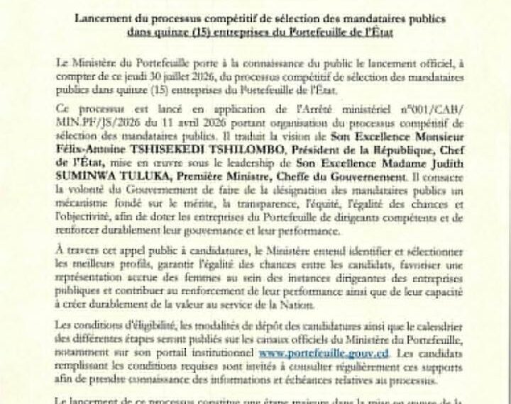 RDC : le gouvernement lance le recrutement des mandataires publics dans 15 entreprises du Portefeuille de l’État